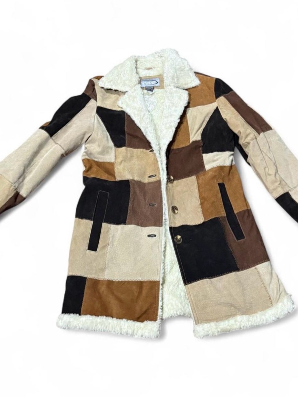 VTG Patchwork Leather Shearling-Lined Coat - Cream, Brown & Black 100% Leather
